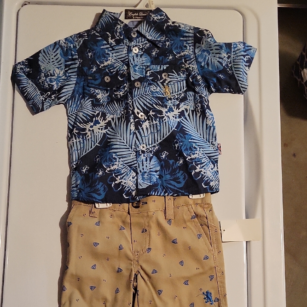 Kids Blue Floral Button Down Shirt W/ Shorts